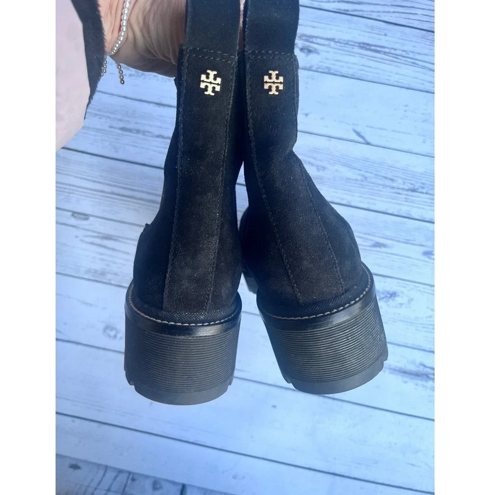 TORY BURCH Black Suede‎ Leather Chelsea Luxury Designer Boots Chunky Lug Sole 9M